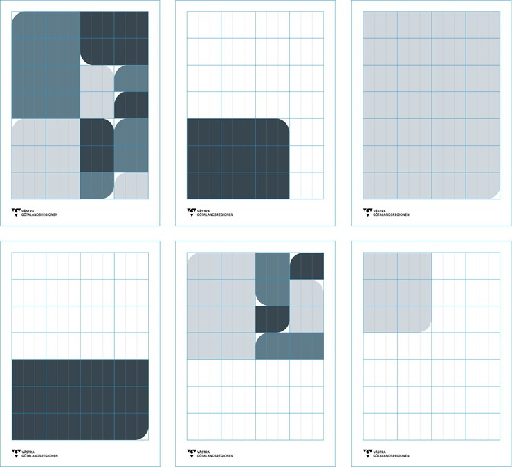 Exempelbild som visar sex olika sätt att kombinera grundformerna med varandra inom gridsystemet.
