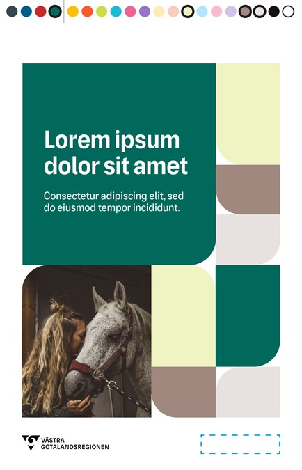 Exempelbild som visar folder med grön huvudfärg kombinerad med ljusgröna, mörkbruna och ljusbruna komplementfärger samt en bild på en kvinna med långt hår som lutar sitt ansikte mot huvudet på en häst.