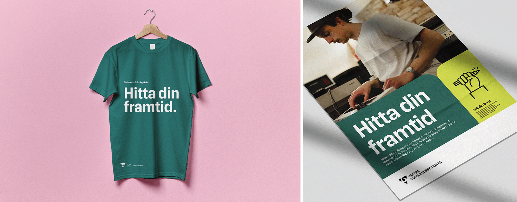 Grön t-shirt och folder med texten Hitta din framtid