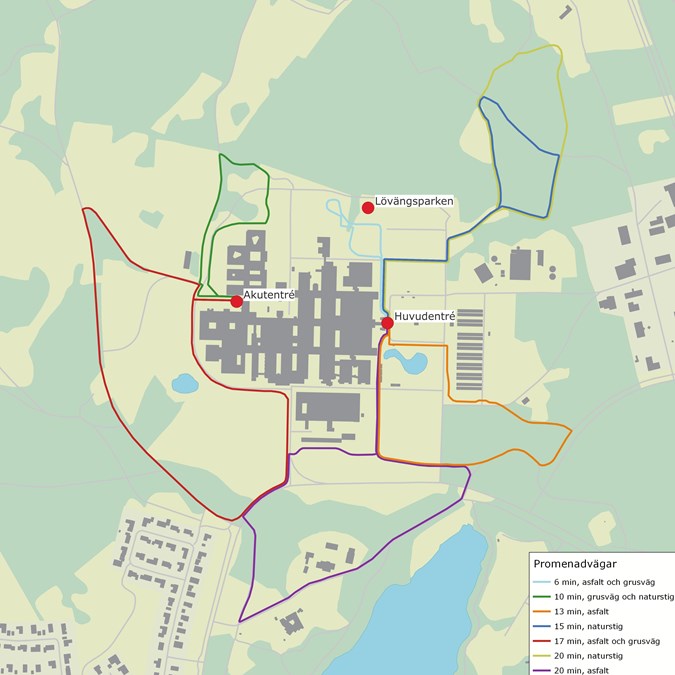 Karta över promenadvägar runt sjukhuset i Skövde