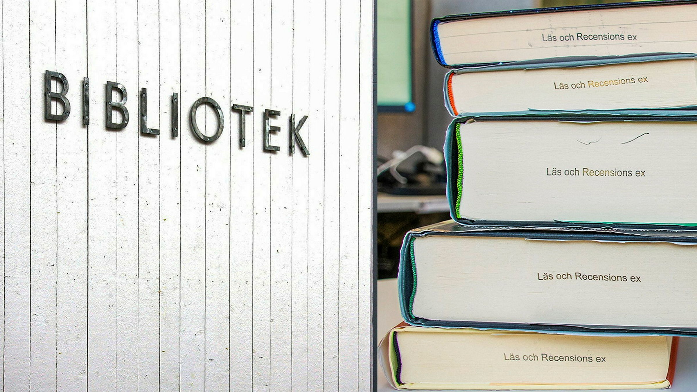 En sammansatt bild, en bild på en skylt med texten BIBLIOTEK och en hög med böcker med texten Läs och Recensions ex.