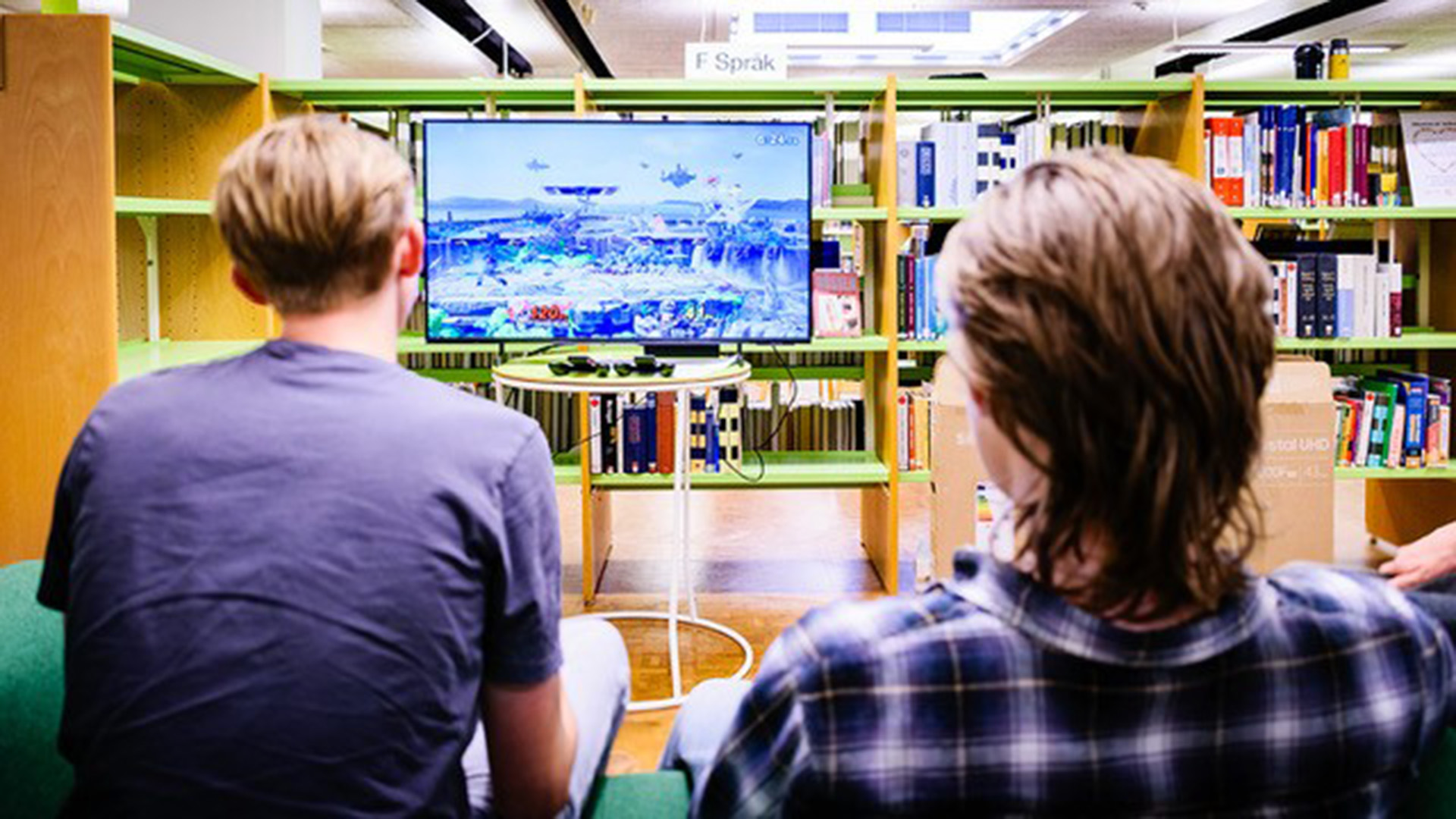 Två killar sitter i en soffa i biblioteksrummet. Man ser deras ryggar och bakhuvuden, de tittar på en skärm med ett pågående spel. I händerna håller de kontroller. Runt om syns bokhyllor.