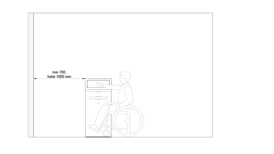 Måttangivelser för placering av golvstående kiosk för självincheckning.