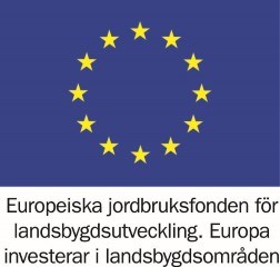 Europeiska jordbruksfonden för landsbygdsutveckling. Europa investerar i landsbygdsområden. Blå flagga med cirkel av gula stjärnor.