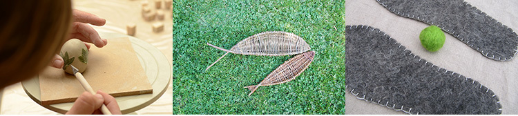 Skapande i naturmaterial. Tre föremål. Till vänster målas ett ägg i lera, fiskformade fat i pil, sulor i ull