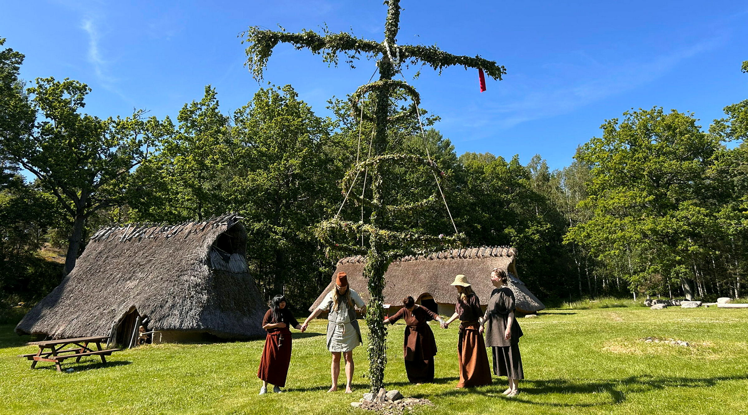 Människor dansar i en ring runt en midsommarstång, i bakgrunden syns långhus i bronsåldersstil och grönskande ekar