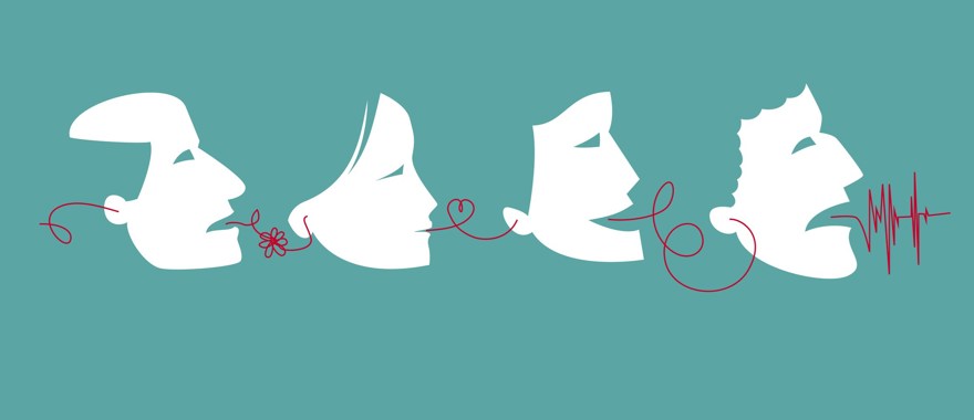 En illustration av ryktesspridning mellan fyra personer.