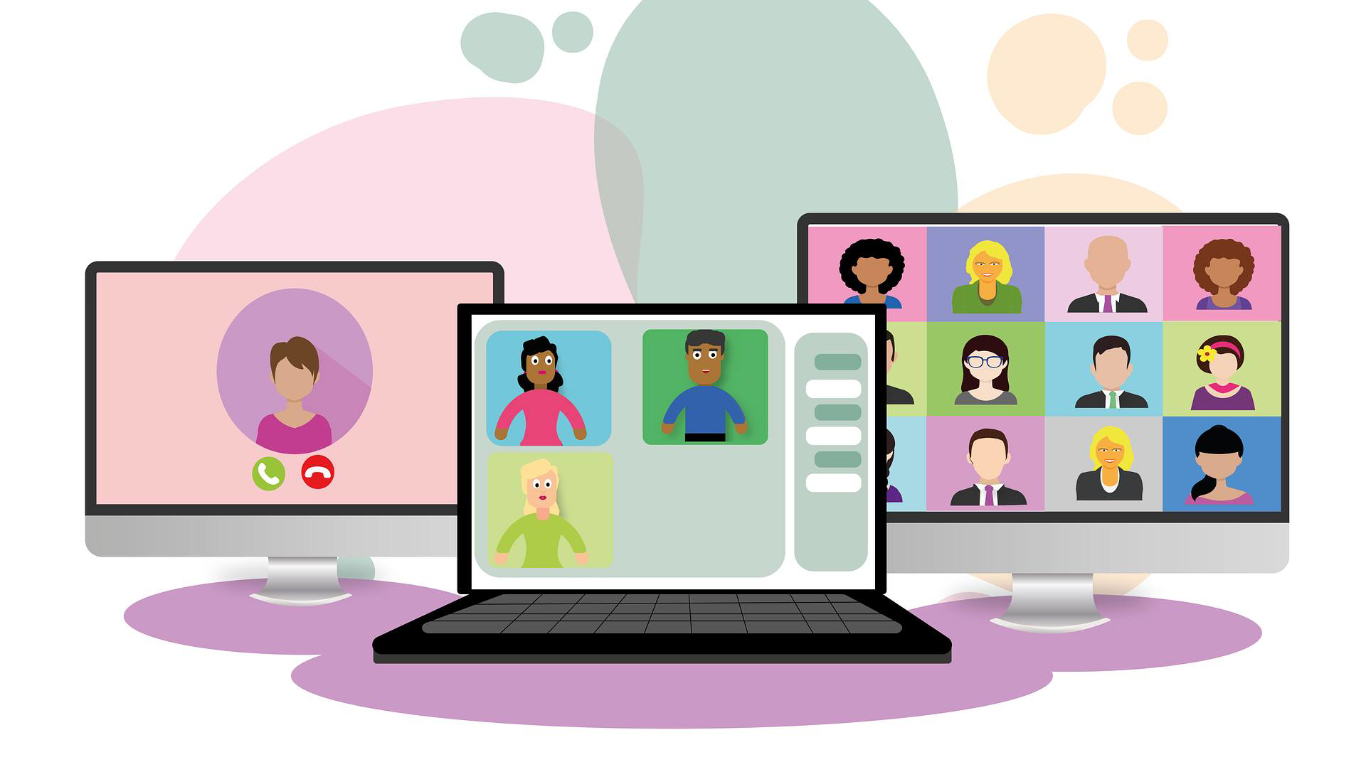 Tre skärmar med många deltagare