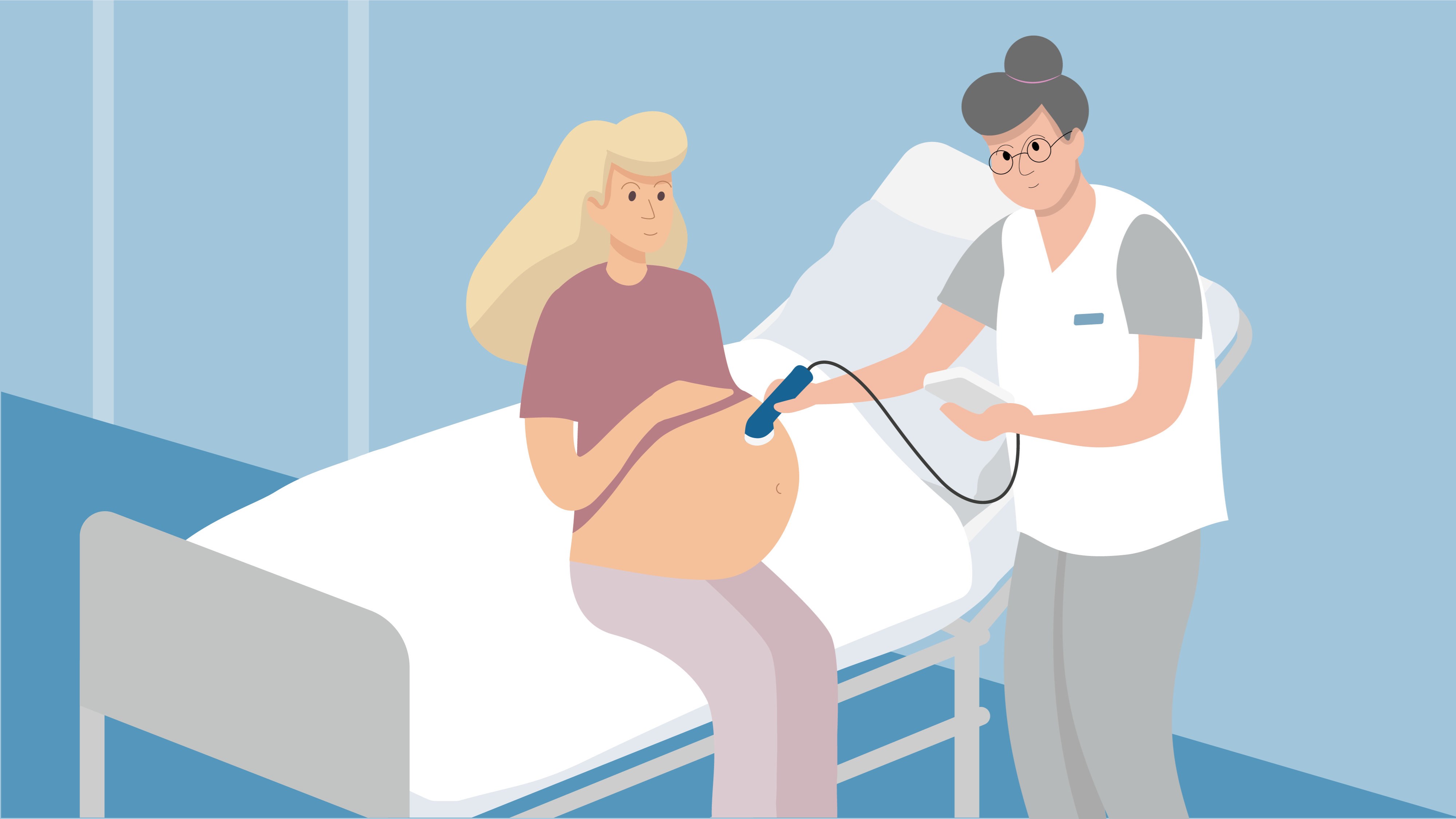 Tecknad illustration av gravid kvinna som blir undersökt av en barnmorska.