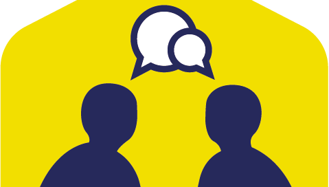 Gul bakgrund och två figurer i blått med två pratbubblor