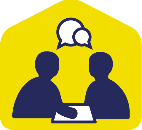 Två blå figurer mot en gul bakgrund