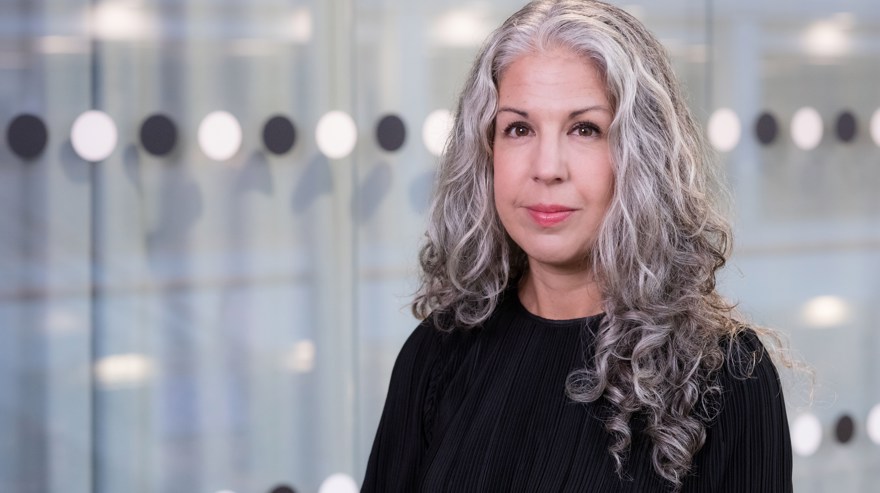 Kvinna, runt 50 år, grått, långt hår. Svart blus. Prickar i bakgrunden