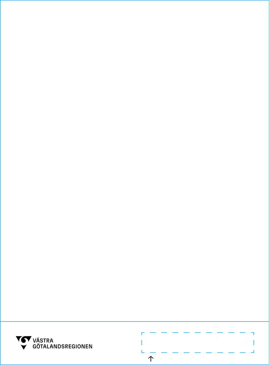 Vitt papper med VGR logotyp i nedersta vänstra hörn och plats för annan logotyp i nedersta höger hörn, platsen illustreras genom en streckad rektangel