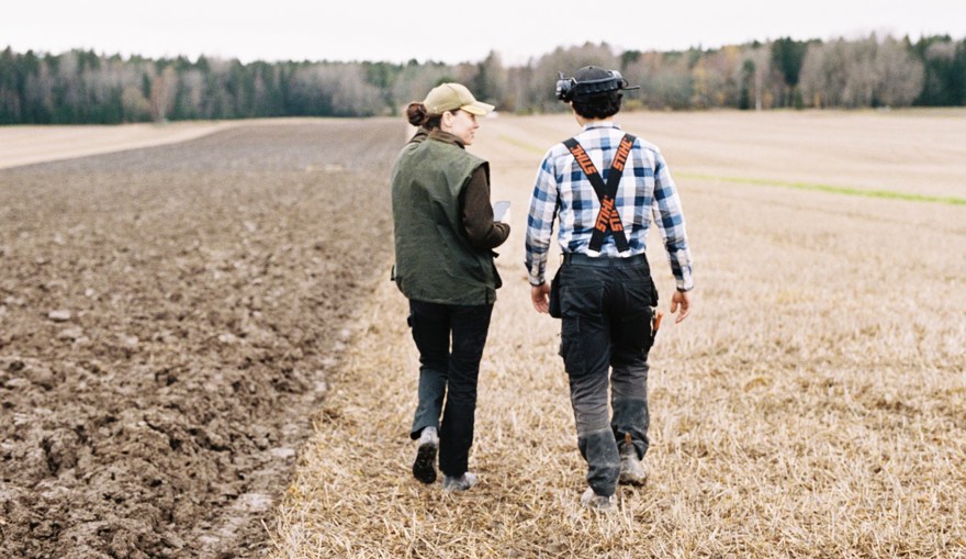 Två personer går på en åker med ryggen mot kameran och pratar med varandra.