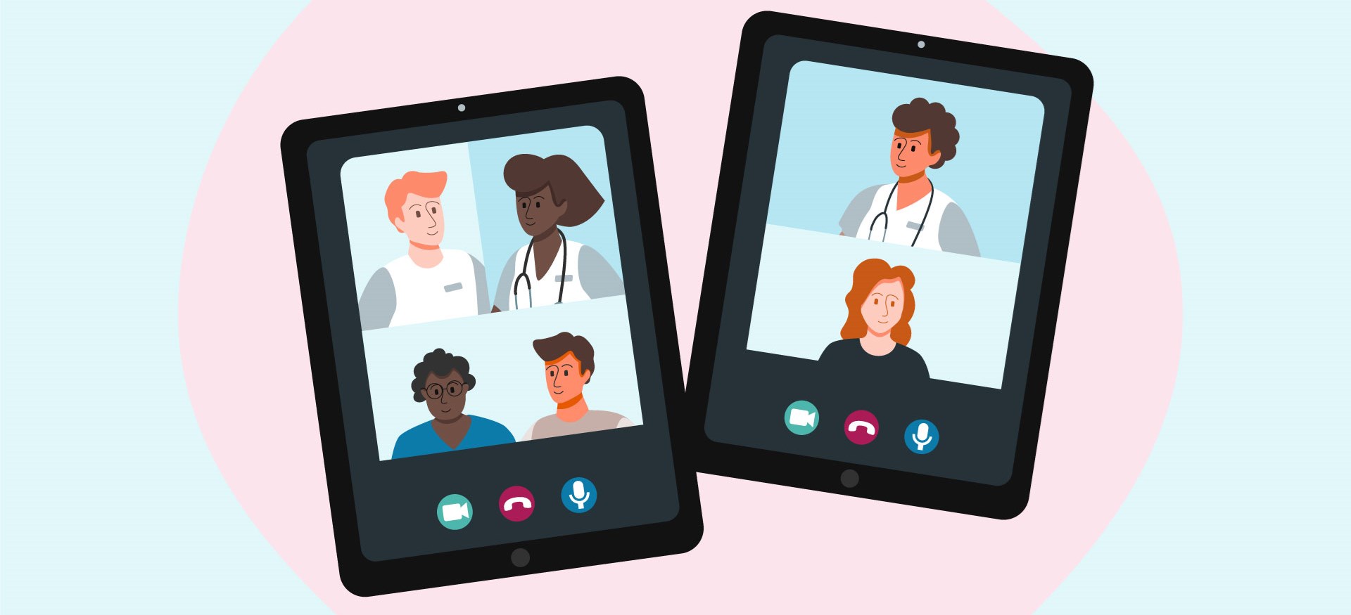 Mobiler som visar personer som deltar i digitalt vårdmöte