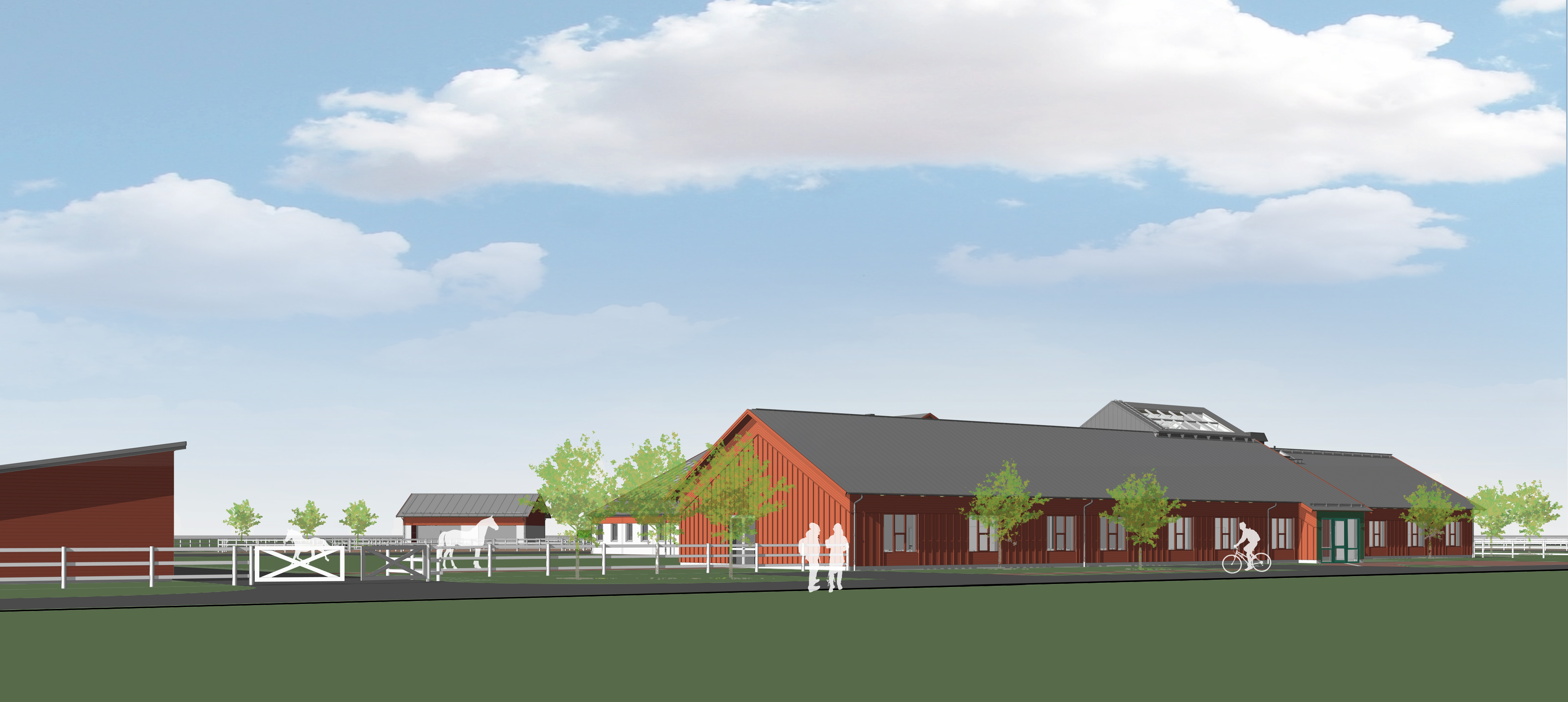 Illustration med röda byggnader mot en blå himmel