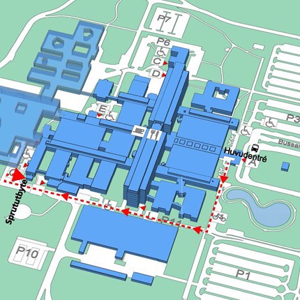 "Karta över sjukhusområdet, röd markering visar vägen från huvudentrén till sprututbytesmottagningen."