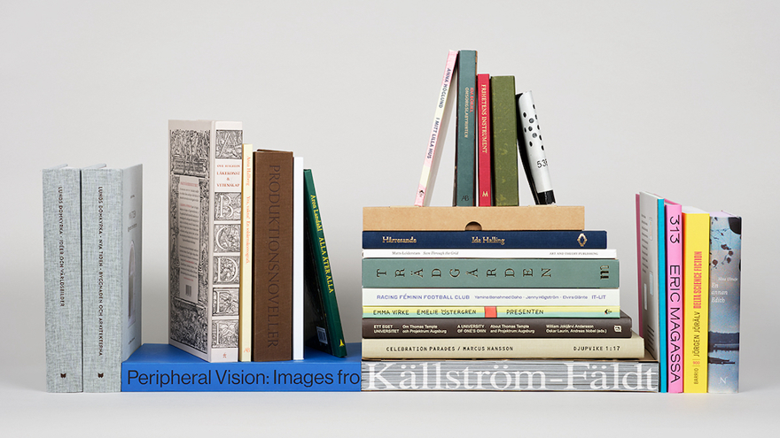 25 böcker står och ligger med ryggarna mot fotografen. Någon bokrygg är starkt rosa, någon blå, två av dem gråmelerade.