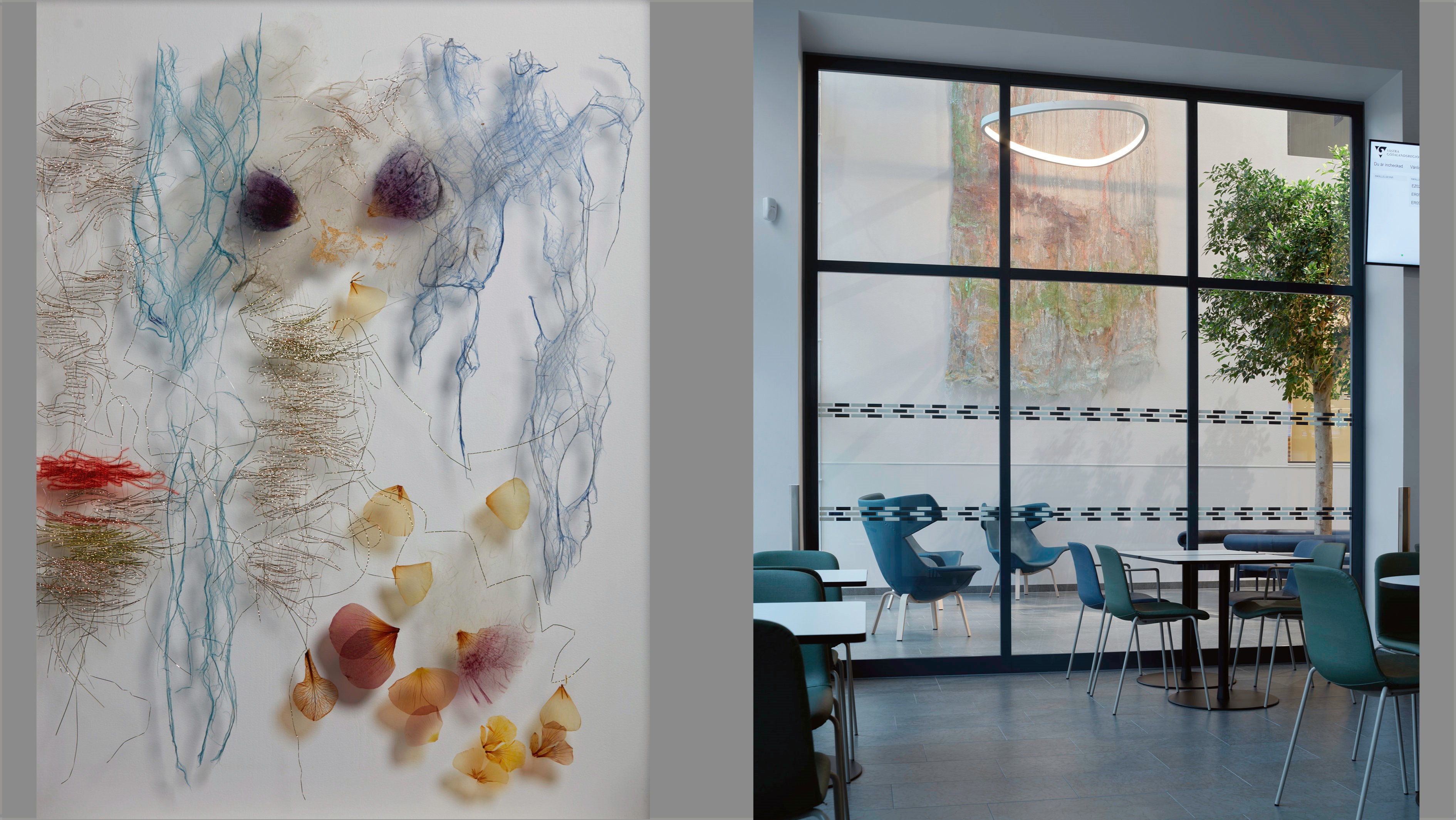 Två bilder, där det ena är en närbild på verket blomblad, och det andra en vy mot länkbyggnaden där ett textilt verk anas.