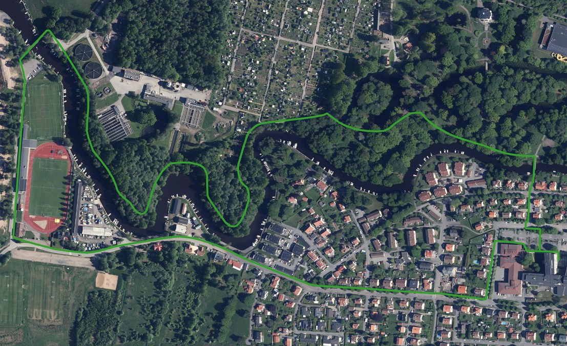 Karta som visar en 40 minuter lång promenadrunda
