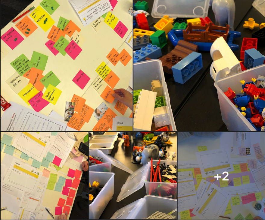 bildkollage med arbetsmaterial i form av legobitar, post-it-lappar och färgglada pennor på ett bord