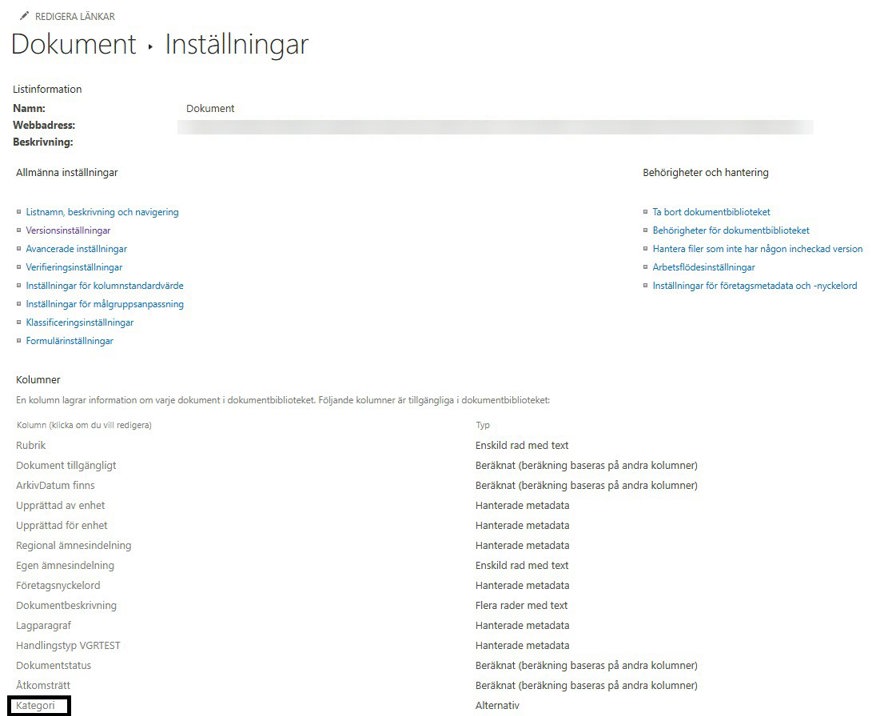 Visar inställningar för bibliotek. Under rubriken Kolumner hittar man sin kolumn som man kan ändra