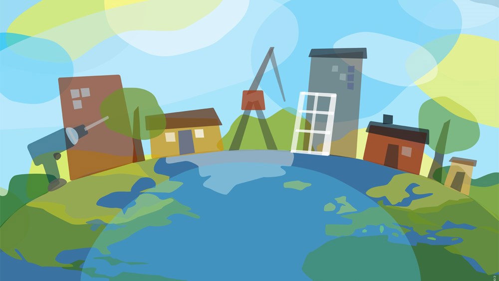Illustration med hus, verktyg, kranar och växter på en jordglob