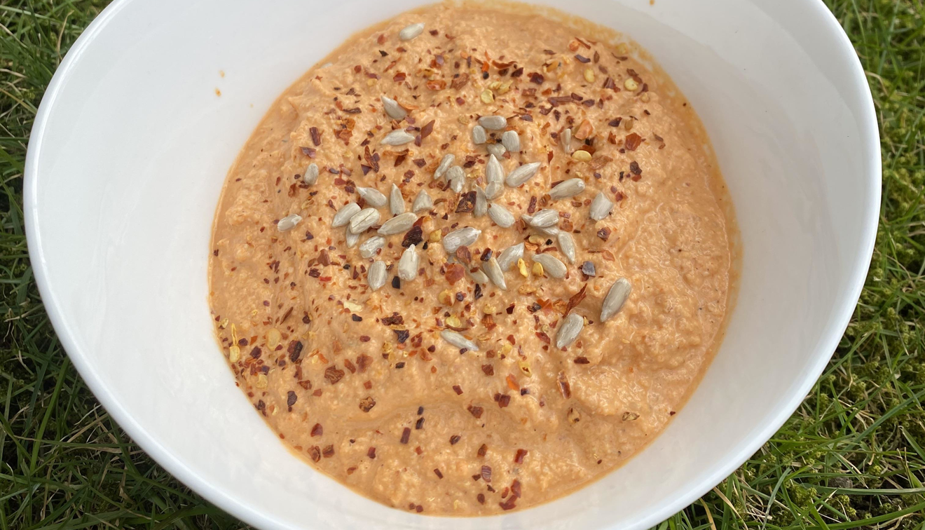 En röd sås i en vit skål i gräset