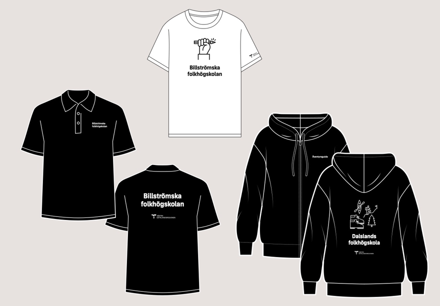 Kollage med svarta och vita t-shirtar och luvtröjor. På tröjorna syns Västra Götalandsregionens logotyp och namnet Billströmska folkhögskolan. På några av plaggen visas en ikon på en knuten hand som håller en penna.