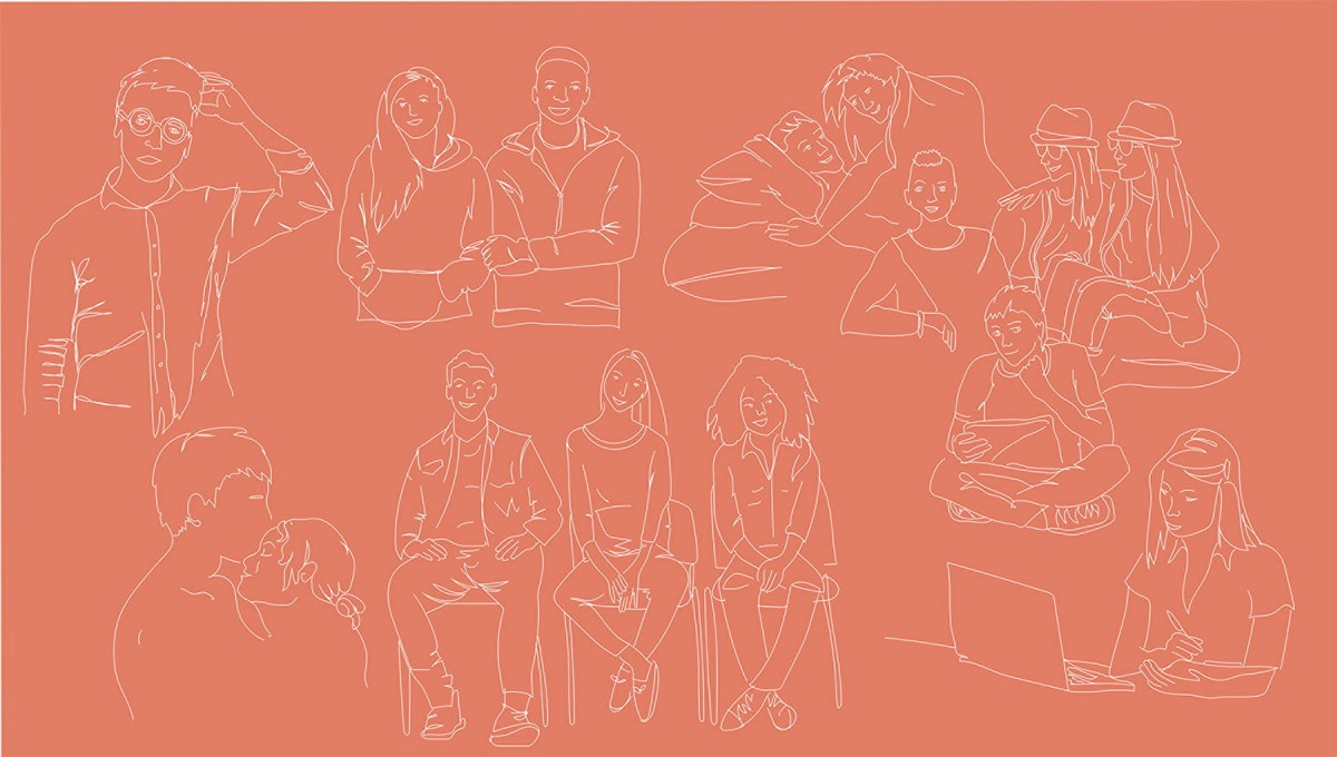 Illustration av unga människor i olika situationer, från omfamning till att sitta bredvid varandra eller själv framför datorn