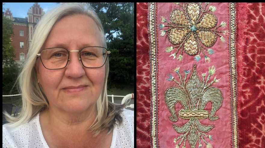 Proträtt av textilforskare Ingela Wahlberg och detaljbild på broderi från mässhake