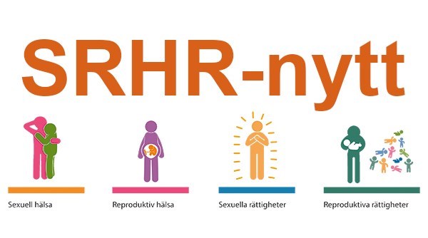 Logga med texten SRHR-nytt i orange och illustrationer av personer som symboliserar olika delar av SRHR, sexuell och reproduktiv hälsa och rättigheter