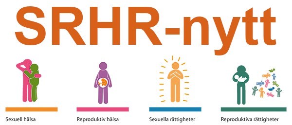 Logga med texten SRHR-nytt i orange och illustrationer av personer som symboliserar olika delar av SRHR, sexuell och reproduktiv hälsa och rättigheter
