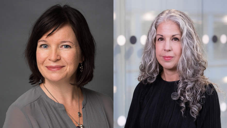 Två bilder som slagits ihop. Till vänster kvinna, mörkt hår, axellång page, grå blus. Bilden till höger: Kvinna, grått långt hår. Svart topp