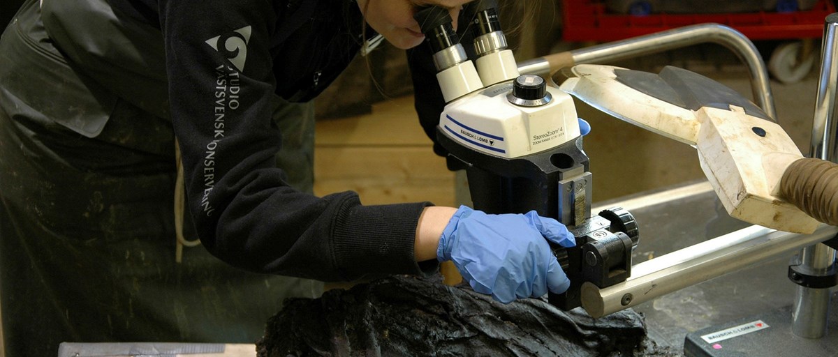 en person står framåtböjd och studerar en brun läderklump i ett mikroskop. Personen har ljusblå latexhandskar på sig och en tröja där dte står tryckt Studio Västsvensk Konservering på ärmen.