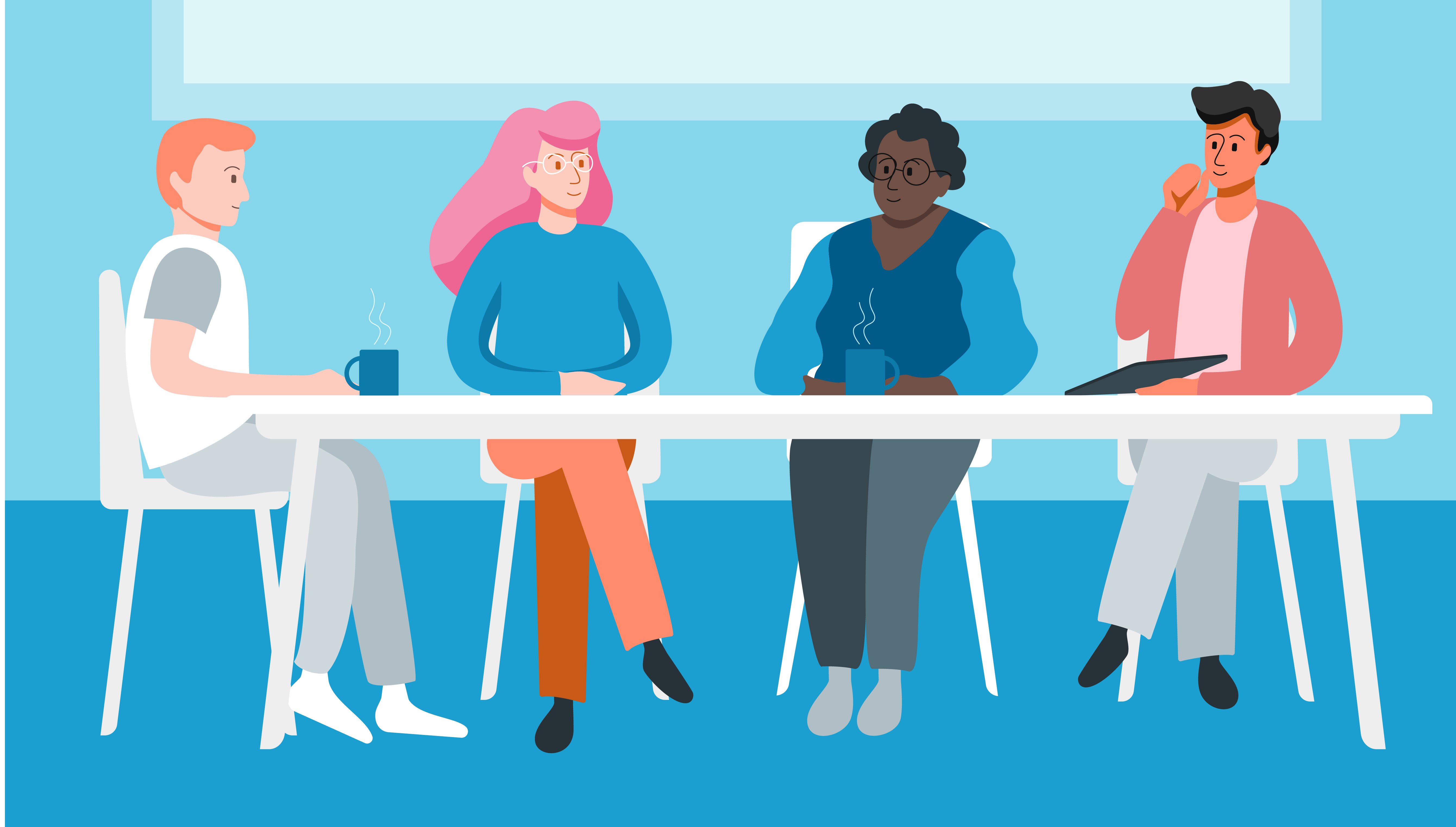 Illustration med fyra personer som sitter vid ett långt bord.