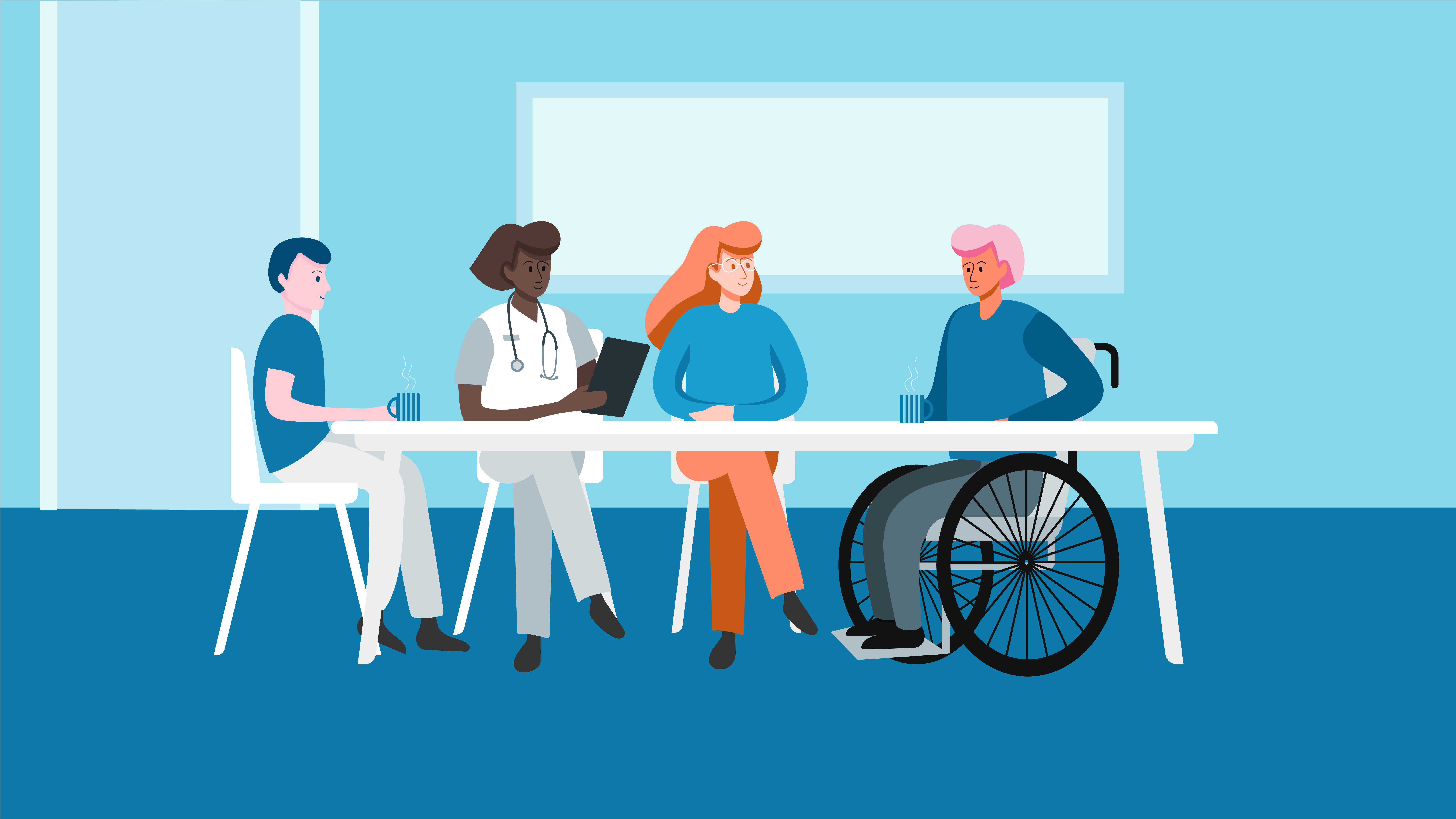 Illustration av fyra personer som sitter vid ett avlångt bord.