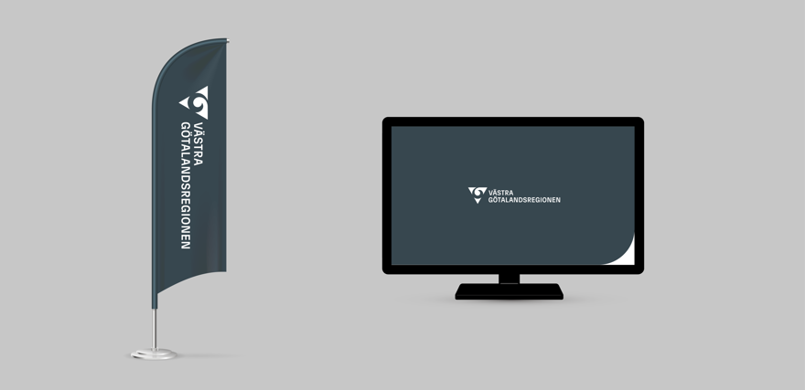 Exempel på placering av VGR:s logotyp på en beachflagga och en skärm