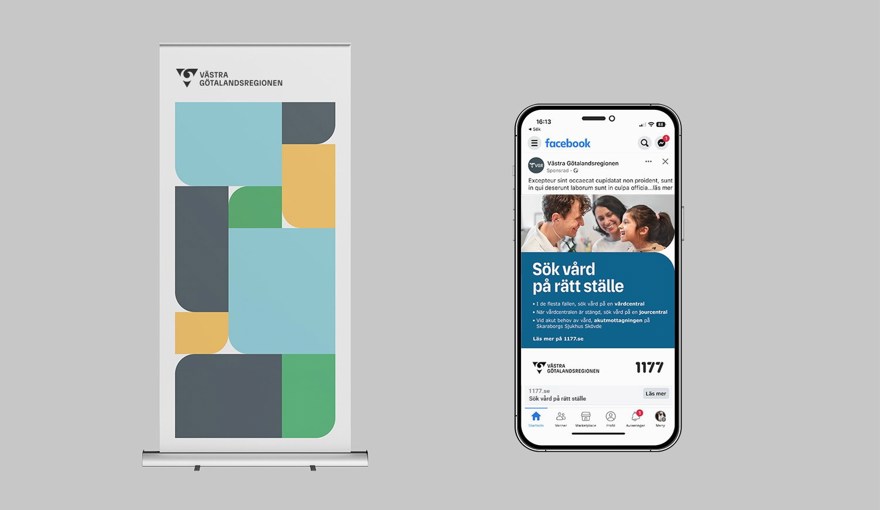 Kollage som visar hur VGR:s logotyp kan placeras på en rollup och i en digital annons