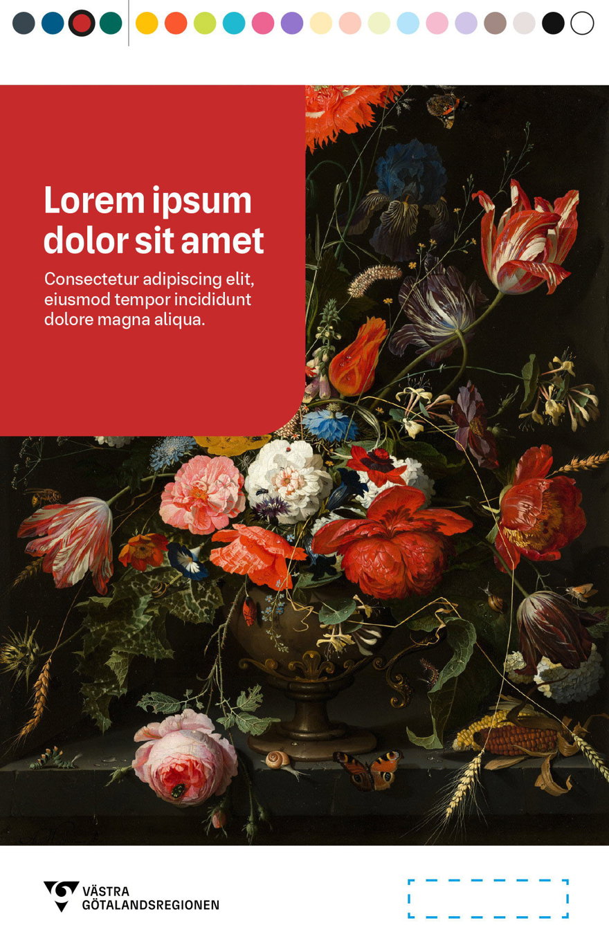 Exempelbild som visar folder med röd huvudfärg och en bild på en blombukett med många röda blommor.