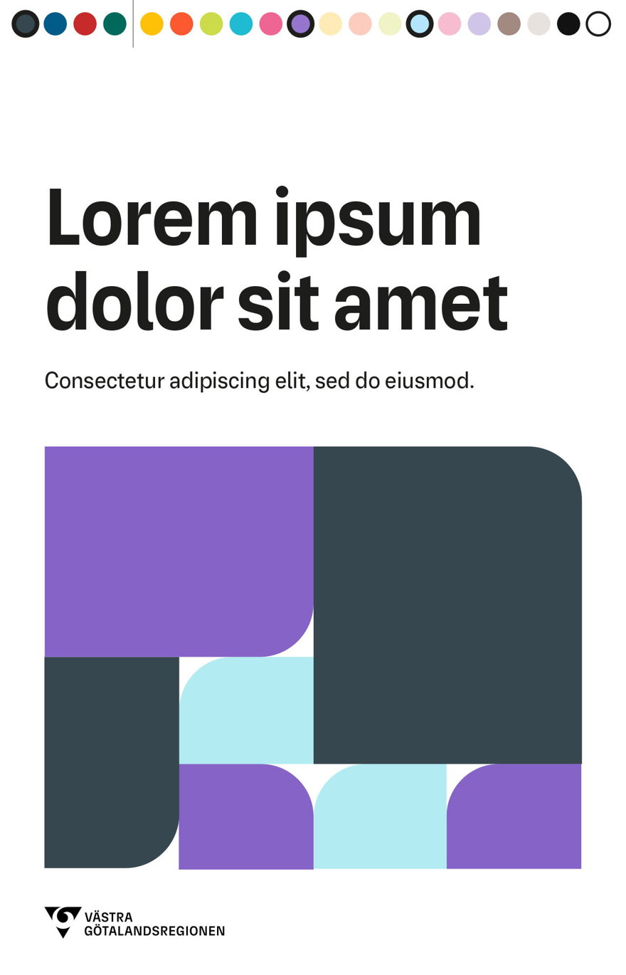 Exempelbild som visar folder med grå huvudfärg kombinerad med mörklila och ljusblå komplementfärger.