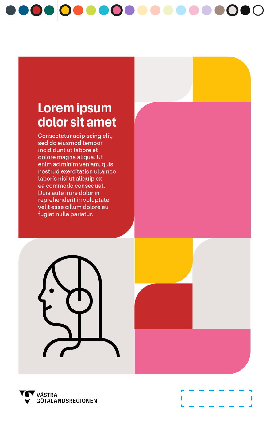 Exempelbild som visar folder med röd huvudfärg kombinerad med mörkrosa, mörkgul och ljusbruna komplementfärger samt en ikon på en kvinna med hörlurar.