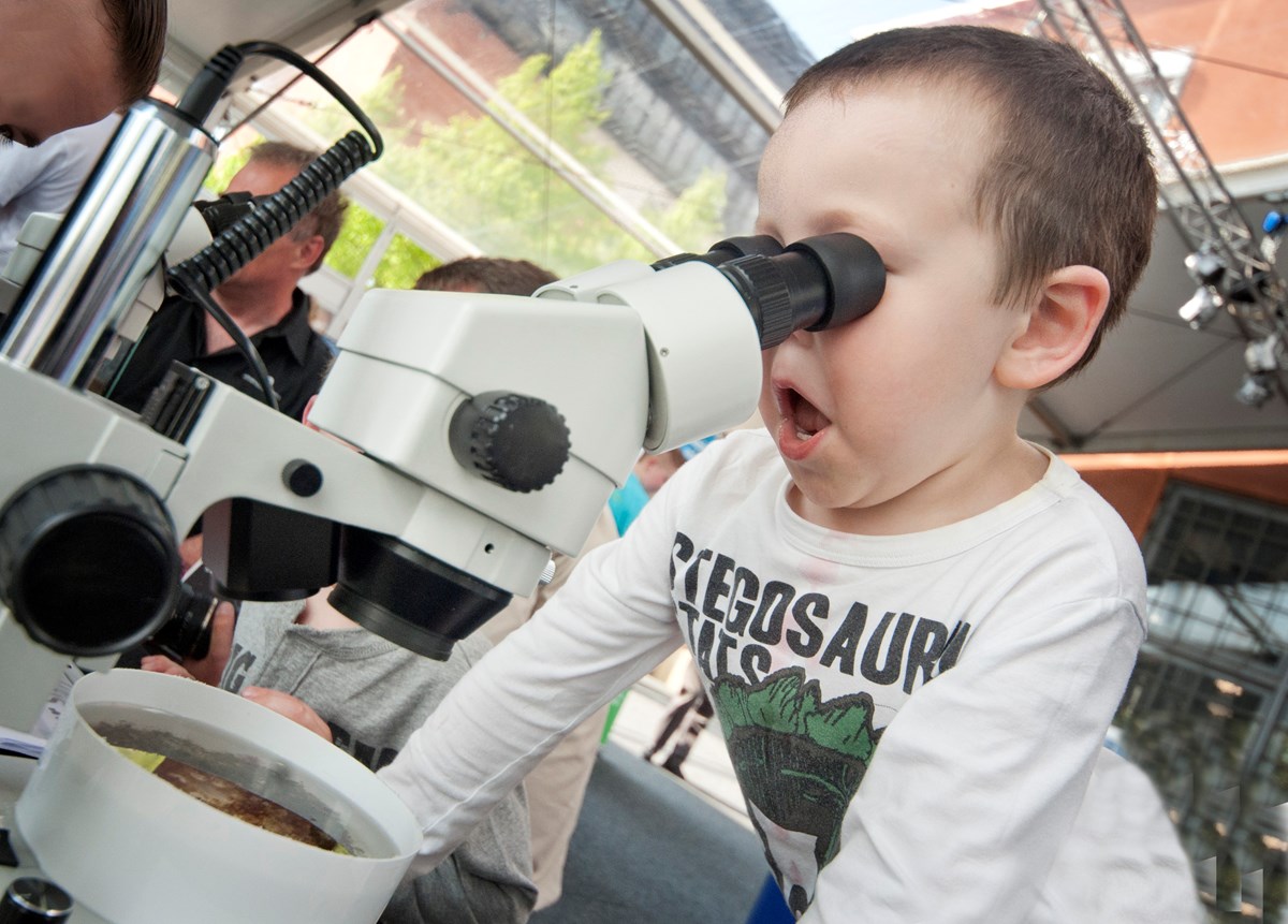 pojke tittar in i mikroskop