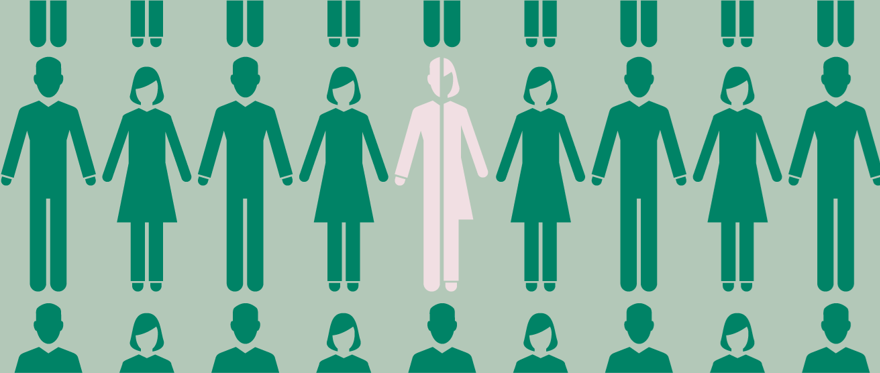 Människor i rader, varannan med klänning, varannan med byxor. Alla gröna förutom personen i mitten som är vit och med hälften kjol och hälften byxor. Illustration.
