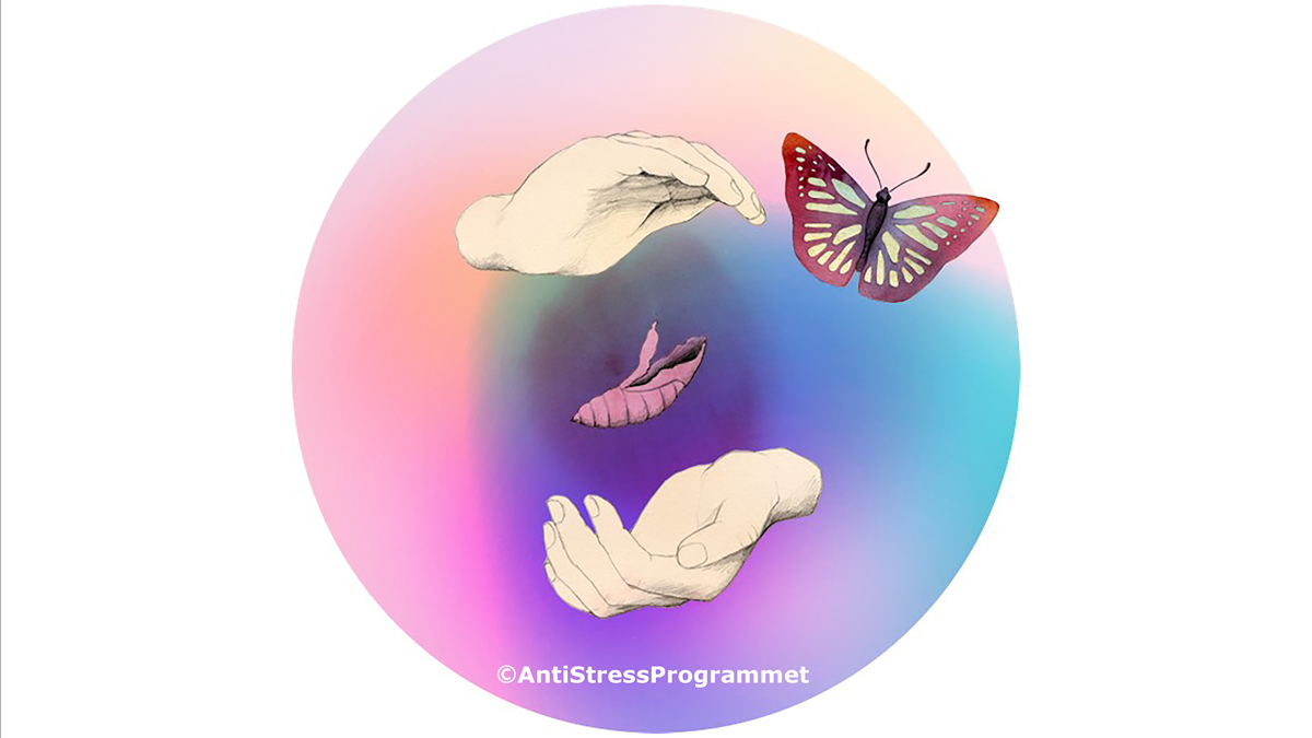 AntiStressProgrammet illustration med fjäril och två händer i en rosa och lila cirkel