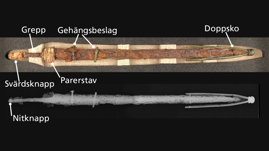 Ett konserverat svärd samt en röntgenbild av svärdet. Pilar pekar mot olika delar av svärdet och vad de heter.