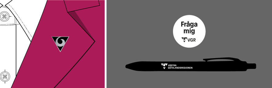 Kollage med exempel på profilprodukter med olika varianter av logotypen. Lång logotyp på en bläckpenna. Kort logotyp på en pin med budskap. Endast symbol på en metallpin på ett kavajslag.