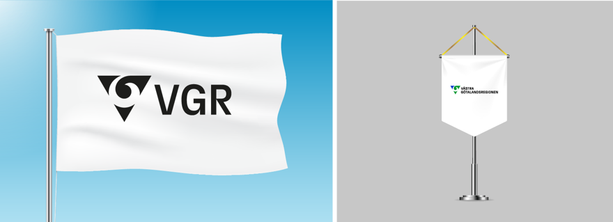 Kollage med två bilder. På ena bilden visas en vit flagga med VGR:s korta logotyp. På den andra bilden visas en standar med VGR:s långa logotyp i färg.