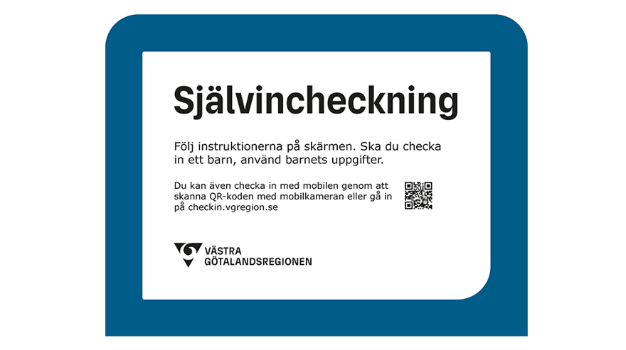 Närbild på skylt till golvstående kiosk för självincheckning.