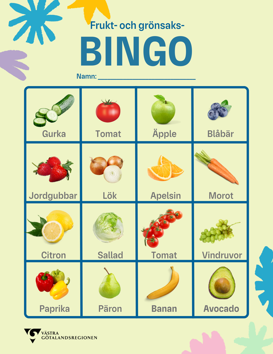 Frukt- och grönsaksbingo med gurka, tomat, äpple, blåbär, jordgubbar, lök, apelsin, morot, citron, sallad, tomat, vindruvor, paprika, päron, banan och avokado.